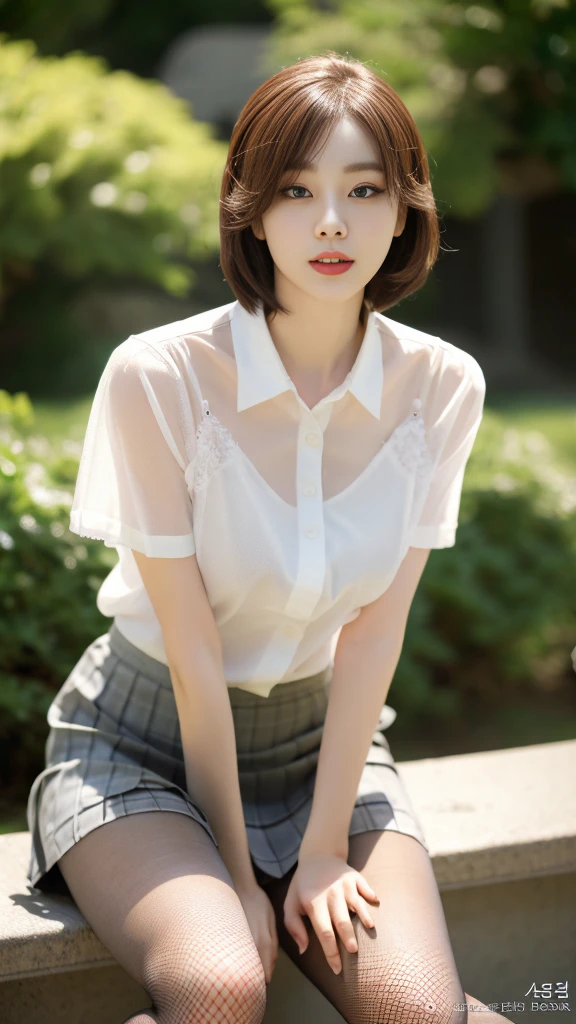 Korean 、summer  shirt、Tight shirt、Ribbon Ties、skirt by the、schools、stairs at school、chest lifting pose、Emphasis on the chest、Slender and large、8K raw photos、A high resolution、18-year-old Korean、embarrassing looking、very large round breasts、Beautiful eyes finely detailed、long eyelasher、beautiful double eyelid、eye shadows、eyeline、slender eyes、Elongated eye shape、Sanpaku eyes、beautiful and thin legs、Beautiful slender thighs、Random Shorthair、Tie your hair behind your head、耳Nipple Ring、Light brown hair、(Wear pantyhose)、Hold your knees，short hair,  fishnet stocking 