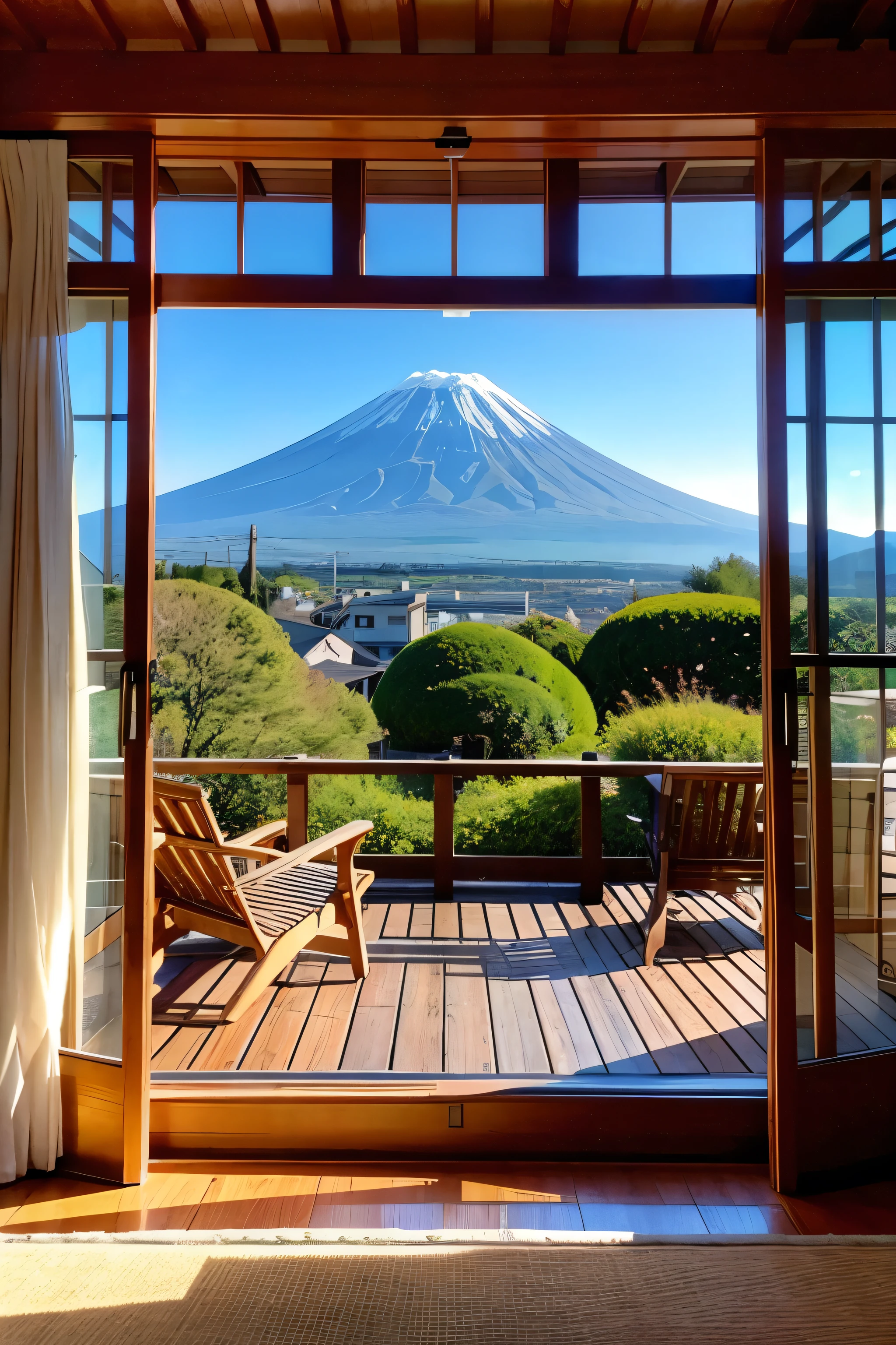 View from the living room、Mt. Fuji outside the window、Luxurious and chic interior、Horizontal angle of view、Western-style room