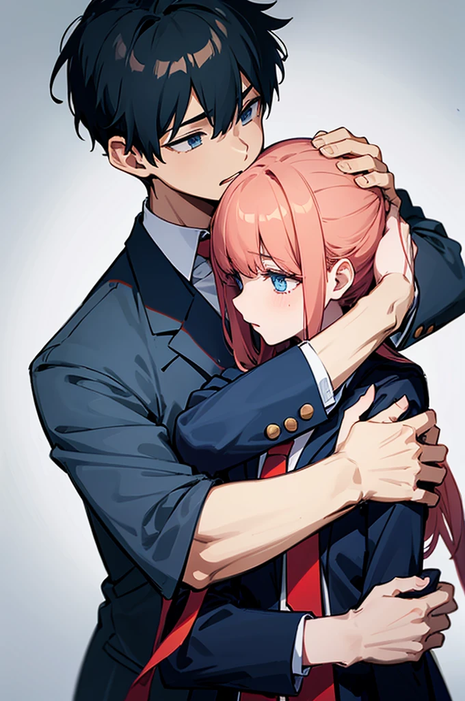 ((Blazer uniform and tie)), ((Hugging)), (Two boys)