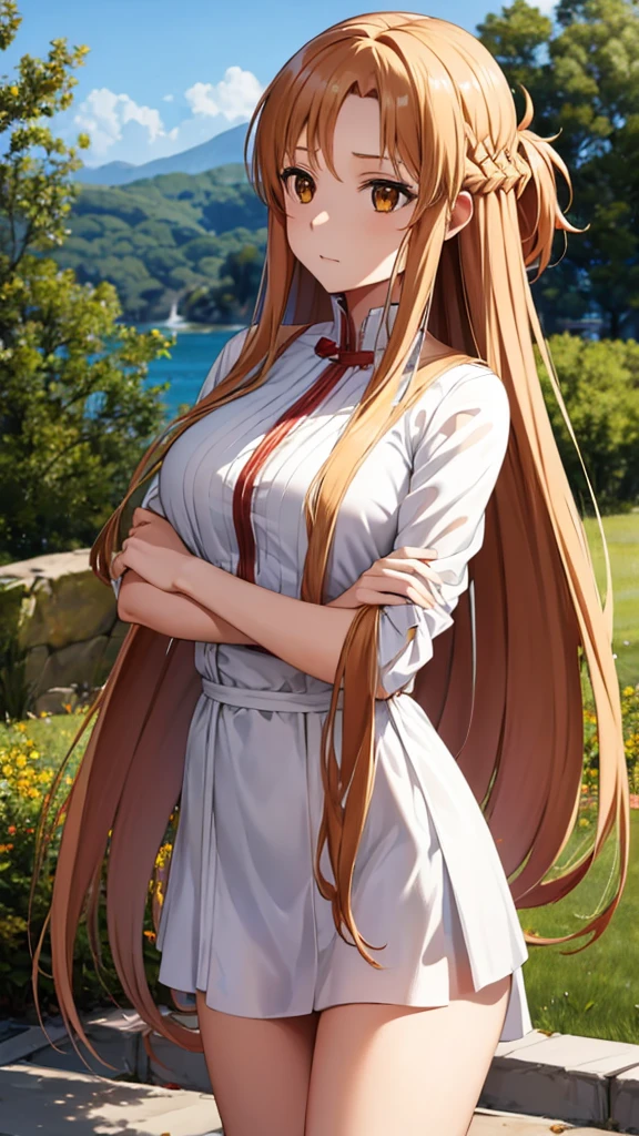aaasuna, long hair, Brown hair, braid, Brown eyes, white thighs,naked