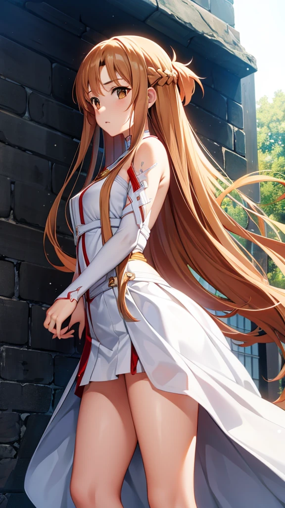 Asuna、Sword Art Online、JK Packing、Single horsetail, Yuuki Asuna, High quality, 8K, ​master piece, {{{{masutepiece}}}}, {{{Hyper Detailed}}}, {{{hight resolution}}}, {{Good anatomy}}, (((Best Quality))), ((extremely delicate and beautiful)), {{an extremely detailed and delicate}}, {8k cg wallpaper}, {{Illustration}}, Ray tracing, sleeveless dress, cheongsam tunic suit, pelvis curtain, High Slit Dress, Asuna,white lace panties,