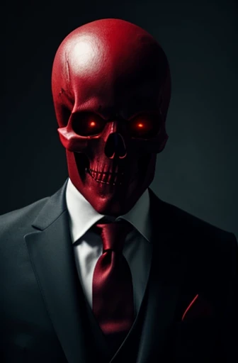 A dark god in a red suit, his left arm a skeleton arm, his eyes black and dark, his tie black as night, his head a skull 