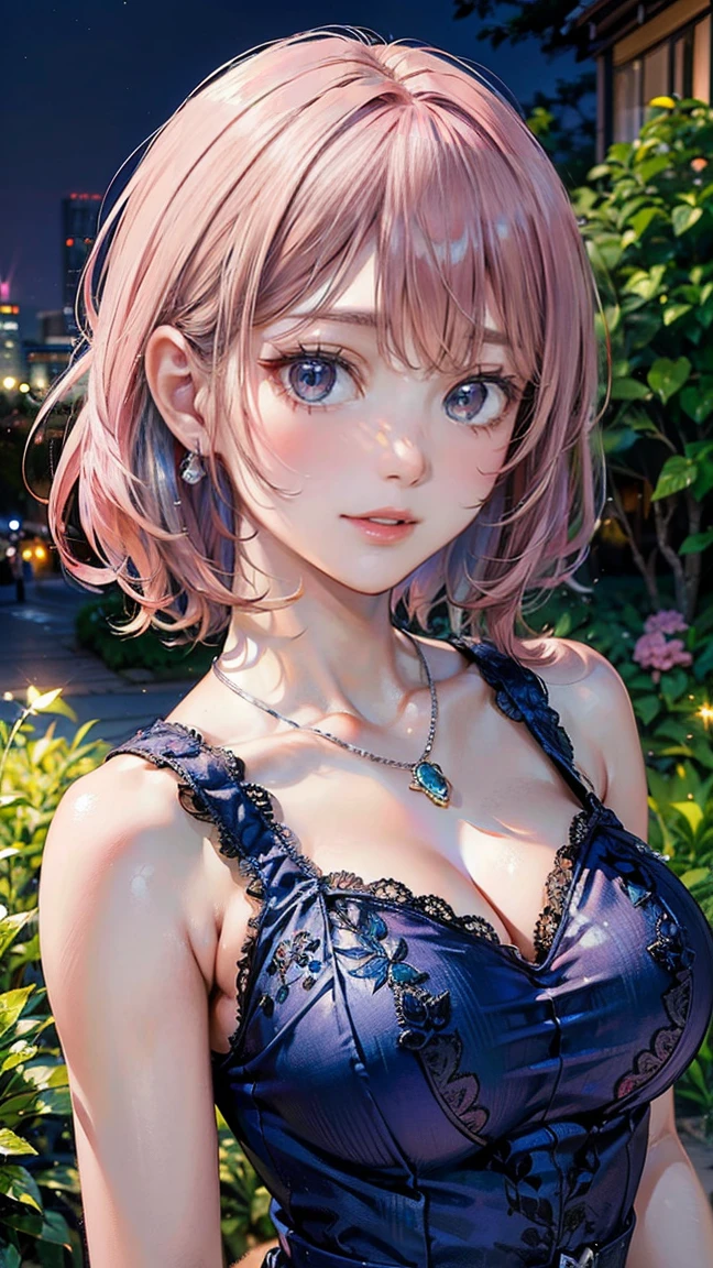 (Masterpiece, BestQuality:1.3), (ultra detailed:1.2), (hyperrealistic:1.3), (RAW photo:1.2), High detail RAW color photo, professional photograph, (Photorealistic:1.4), (realistic:1.4), (Pink Hair:1.5), professional lighting, perfect anatomy, (Big Breasts:1.2), (blush, detailed face), (cheerful Smile:1.5), Trending Hair&Trending Hairカラーをランダムに, earrings, necklace, bracelet, sexly, erotic sexly, Random sexy gravure poses, (A girl in a blue lace dress and silver earrings、Having fun at a garden party at night。:1.3)
