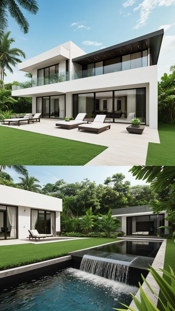 realistic rendering of ((modern)) villa by the stream, ((natural stream)) flow tenderly, jungle background, black sloping roof villa, 2 floors villa, (neoclassic style) villa, white painted wall villa