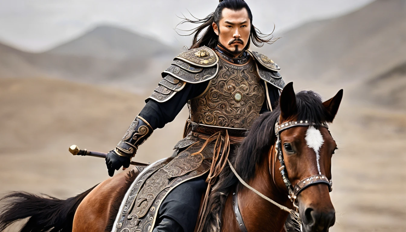 General Kraus, Wearing leather armor、Brown leather protective gear，Holding a Mongolian scimitar, Highly detailed characters, Mongolian man with high cheekbones，Clear and refined face，Mongolian Cavalry，The generals of the Ming Dynasty had white tassels or feathers on their helmets，Norse epic hero, Muscular man with war god tattoo, Riding on horseback, Portrait photography style，Light, (Extremely detailed CG 8k wallpaper), The most beautiful works of art in the world - full body photos, original皮甲, Mongolian small shield，Human Portrait, hunter, Animal hides，brutal，original, macho man, Ed Blinkey (Ed Blinkey) Magnificent professional oil paintings created, Artie Guerlain, Studio Ghibli, Courtesy of Jeremy Mann, Greg Manches, Antonio Moro, Art Station Trends, Social Trends, Wheels within wheels, High Detail, sharp focus, Dramatic and realistic art by Midjourney and Greg Rutkowski, Horse has armor，Charge and Slash
