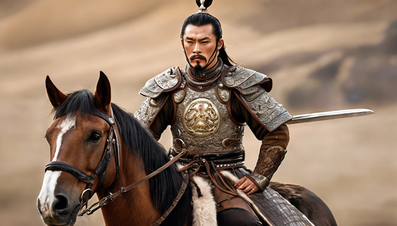 General Kraus, Wearing leather armor、Brown leather protective gear,Holding a Mongolian scimitar, Highly detailed characters, Mongolian man with high cheekbones,Clear and refined face,Mongolian Cavalry,The generals of the Ming Dynasty had white tassels or feathers on their helmets,Norse epic hero, Muscular man with war god tattoo, Riding on horseback, Portrait photography style,Light, (Extremely detailed CG 8k wallpaper), The most beautiful works of art in the world - full body photos, original皮甲, Mongolian small shield,Human Portrait, hunter, Animal hides,brutal,original, macho man, Ed Blinkey (Ed Blinkey) Magnificent professional oil paintings created, Artie Guerlain, Studio Ghibli, Courtesy of Jeremy Mann, Greg Manches, Antonio Moro, Art Station Trends, Social Trends, Wheels within wheels, High Detail, sharp focus, Dramatic and realistic art by Midjourney and Greg Rutkowski, Horse has armor,Charge and Slash
