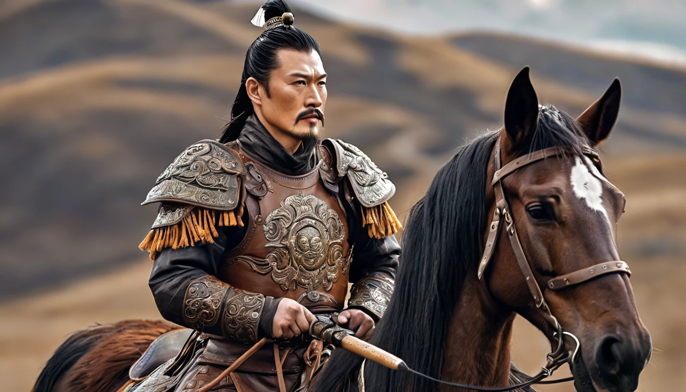 General Kraus, Wearing leather armor、Brown leather protective gear，Holding a Mongolian scimitar, Highly detailed characters, Mongolian man with high cheekbones，Clear and refined face，Mongolian Cavalry，The generals of the Ming Dynasty had white tassels or feathers on their helmets，Norse epic hero, Muscular man with war god tattoo, Riding on horseback, Portrait photography style，Light, (Extremely detailed CG 8k wallpaper), The most beautiful works of art in the world - full body photos, original皮甲, Mongolian small shield，Human Portrait, hunter, Animal hides，brutal，original, macho man, Ed Blinkey (Ed Blinkey) Magnificent professional oil paintings created, Artie Guerlain, Studio Ghibli, Courtesy of Jeremy Mann, Greg Manches, Antonio Moro, Art Station Trends, Social Trends, Wheels within wheels, High Detail, sharp focus, Dramatic and realistic art by Midjourney and Greg Rutkowski, Horse has armor，Charge and Slash