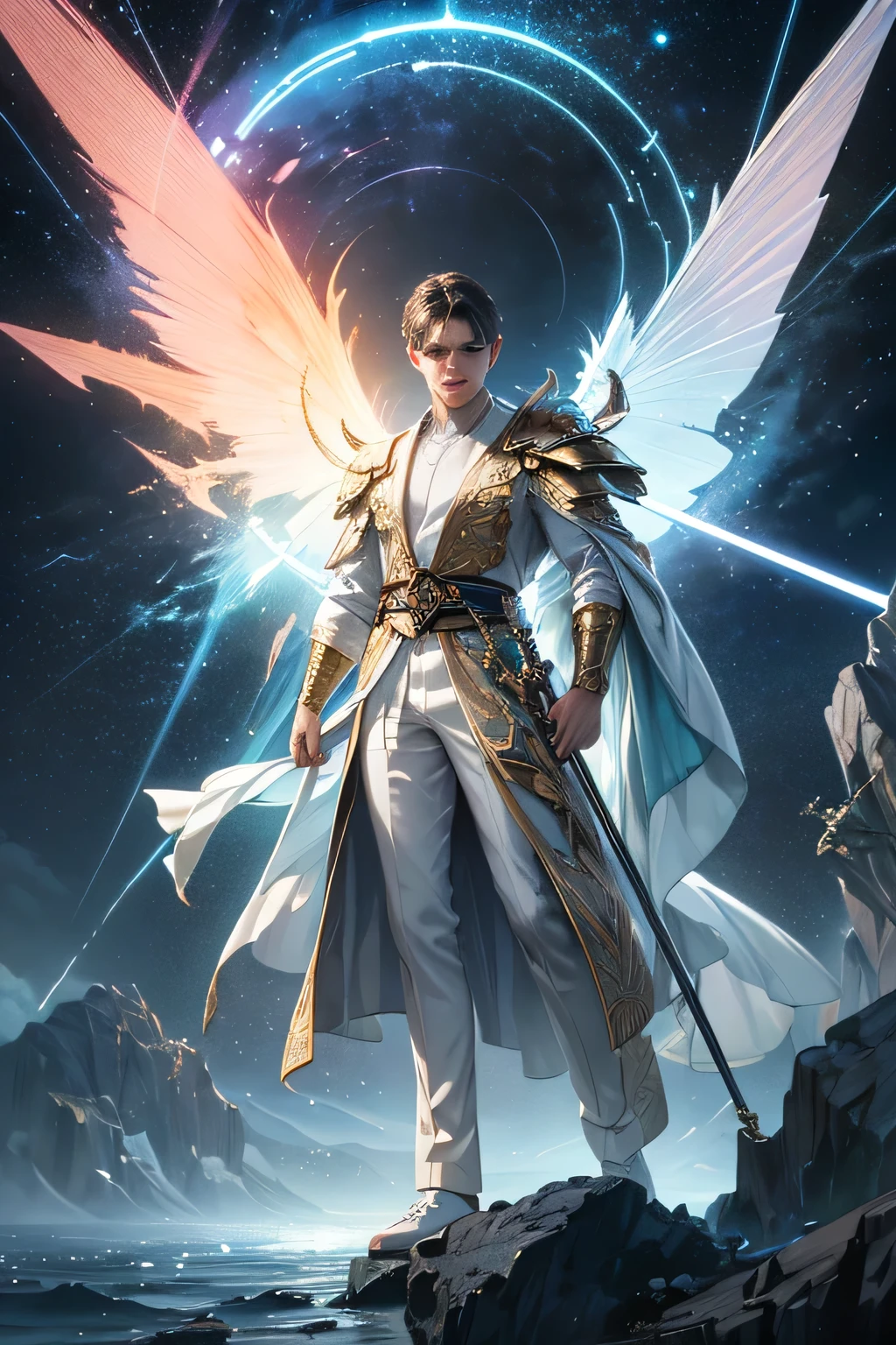 "Create an ultra-realistic image of a strikingly handsome young male fairy with magnificent large wings that evoke the vastness of the sky and the intensity of thunder. He should be holding a magical staff that crackles with the power of the sky and thunder. Dress him in an elegant outfit with shades of yellowish white and light pink, reflecting the colors of dawn and the ethereal sky. Surround him with elements of the sky, such as storm clouds and flashes of lightning, to emphasize his connection to the sky and thunder. Include a distinct sky symbol or design on his body, signifying his role as the keeper of the sky and illustrating the profound sky energy he possesses within him."