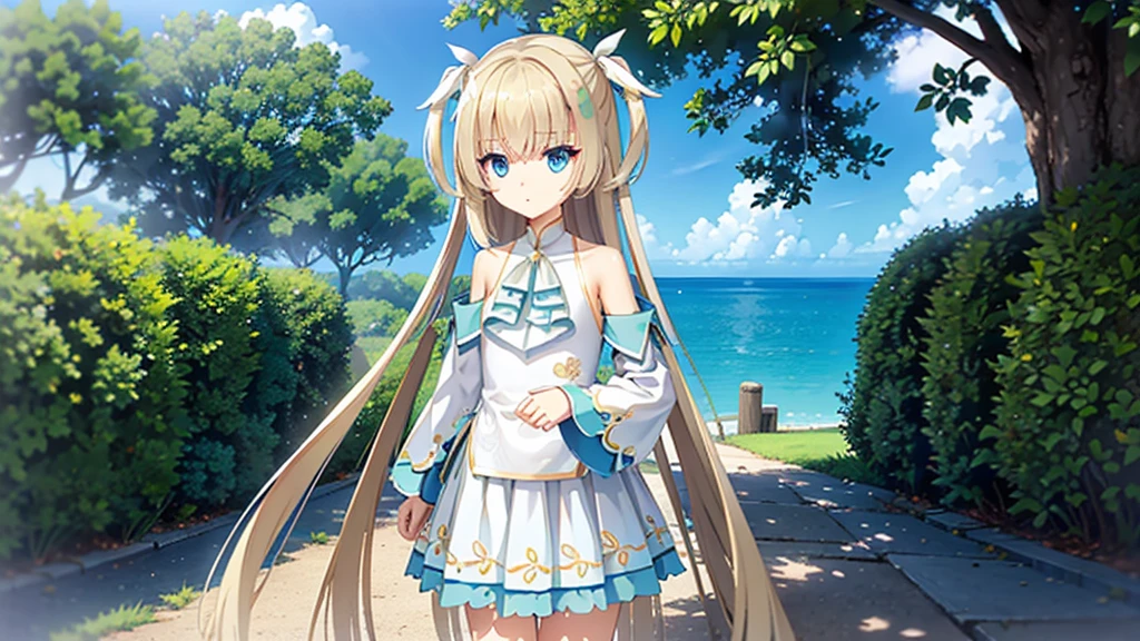 ((masterpiece)),(best quality),Official Art,Extremely detailed CG,Unity 8K wallpaper,Very detailed,Beautiful and delicate eyes,Extremely detailed face,1 girl,solitary,,(whole body:1.5),(small:1.3),，Clear and cloudless，summer，Sky blue sailor suit，Fresh and youthful，Perfect for summer。Mint Green、Sky blue is an indispensable color in summer，Built-in cooling effect。
Tree-shaded path、Cool sea breeze，The air is filled with woody scent，Dazzling sunshine、Sweat。《sunny》MV style，Walk in the park