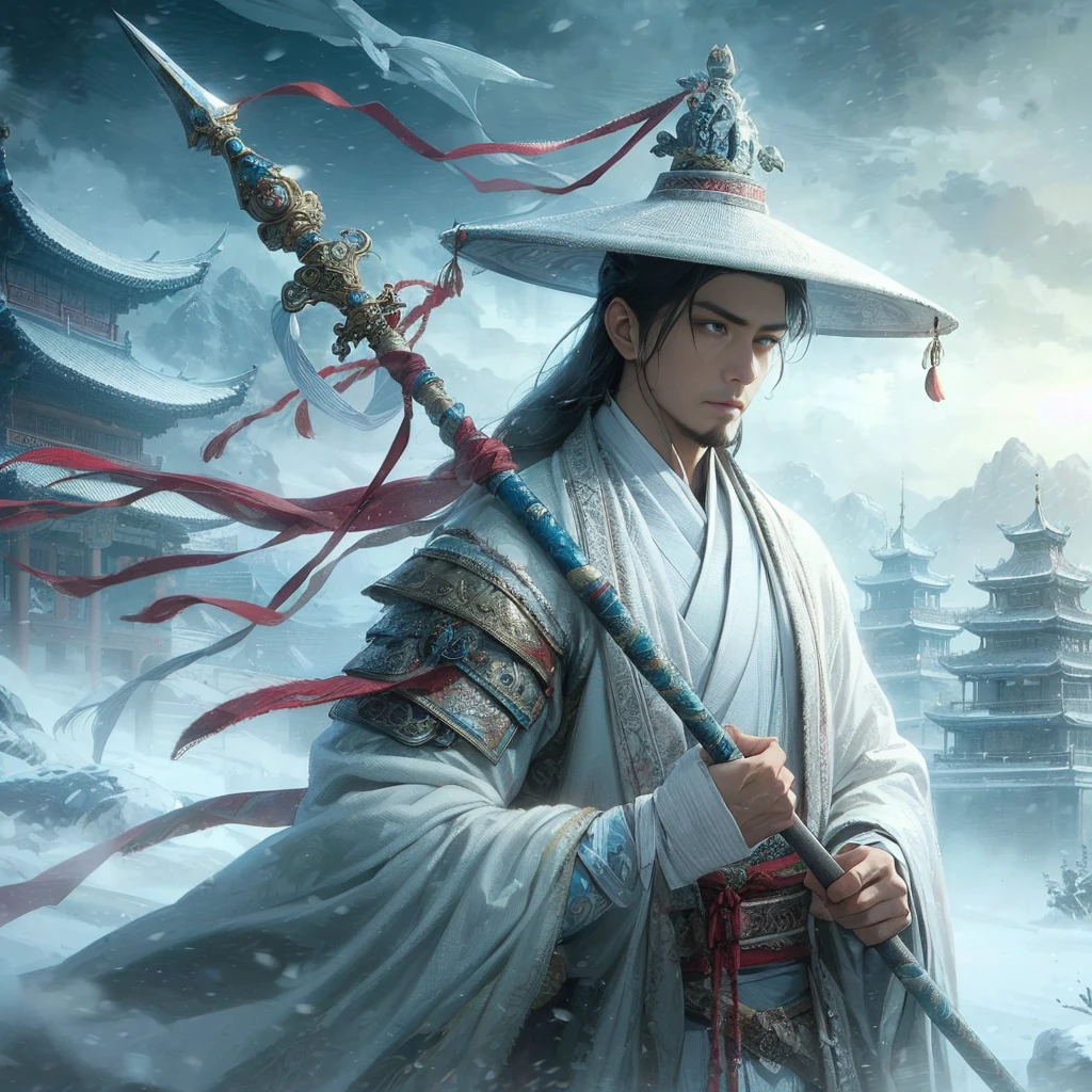 (Masterpiece:1.2), (Best Quality:1.2), (high resolution:1.2), (beautiful face and eye:1.2), (sharpest focus:1.2), (Ultra-realistic Photo:1.2), (Ultra-precise Photo:1.2), (Depth of field:1.2), (perfect :1.2), (nice hands:1.2), 
(perfect hands:1.2), (five fingers:1.2), (Young, fearless, beautiful, shady Chinese man:1.0), (Lonely Chinese warrior with spear:1.0), (Neatly trimmed short beard and tied hair:1.0), (Blazing Chinese period drama style fortress:1.0), 
(long spear with serpentine blade and ornate decoration:1.0), (white tsubakuhiro cap and cloak:1.0), (white armor with red, blue, and yellow coloring:1.0), (snowstorm:1.0), (melancholy expression:1.0), (picturesque standing figure:1.0),