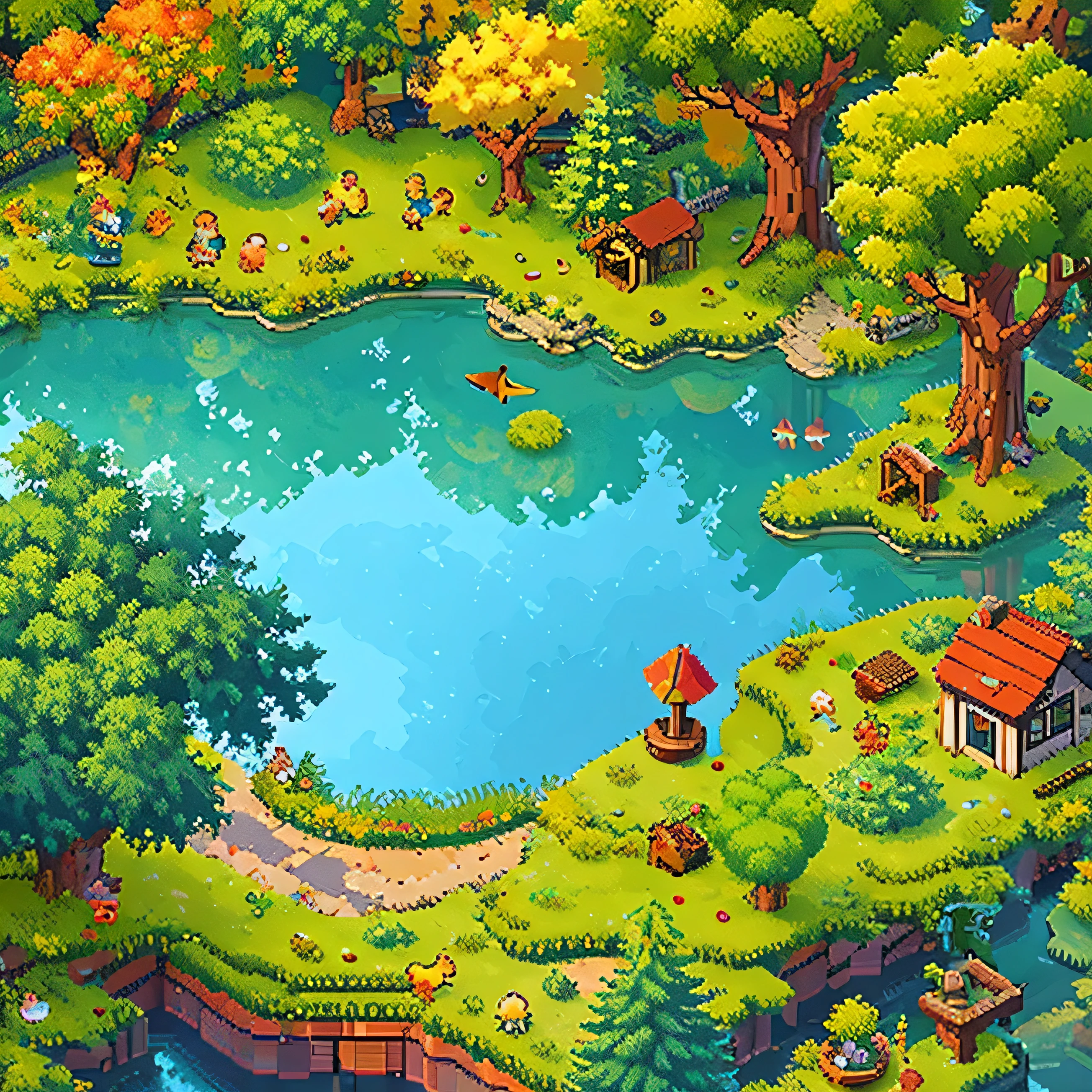 (best quality,4K,8K,mackerel,masterpiece:1.2),pixel art, Forest scenery with many ponds and trees, 