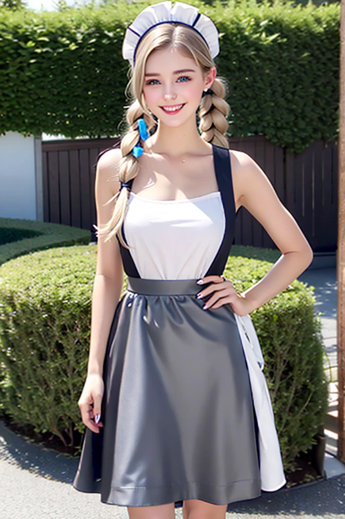 (((European Caucasian Woman)))、(((Mary, 18 years old)))、one person、(Thin contours、Grey Eye:1.5)、(Thin contours)、Big Breasts、Narrow waist、(((White and translucent skin:1.3)))、Beautiful, shiny blonde medium-long hair、8-head-tall model style、Tokyo cityWear, 1 masterpiece, Highest quality, High resolution, Oh yeah, Long Hair, Twin tails, Maid, Maid headdress, Black Dress, apron, garden, smile, Skirt Hold,