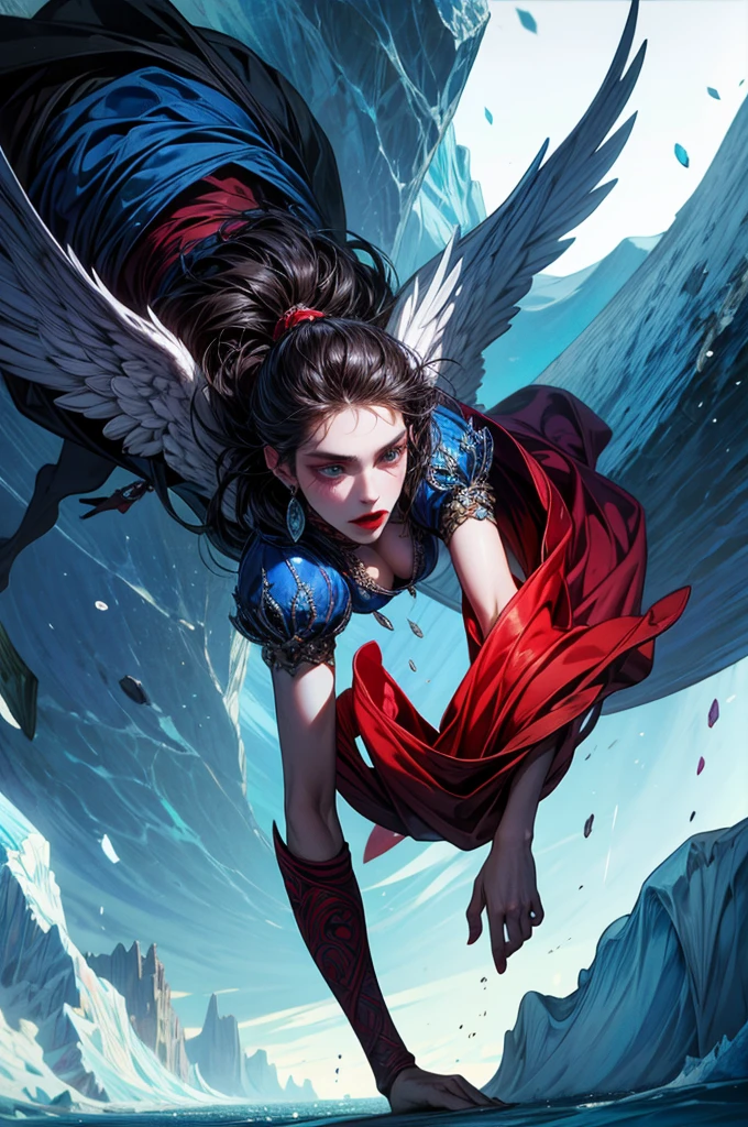white and blue and Bright red,absurdres, (((masterpiece))),dead angel is frozen in iceberg,elder and evil,frozen ocean,ice age,arabesque,delicate, beautiful, mystical, intricate, surreal,dark look