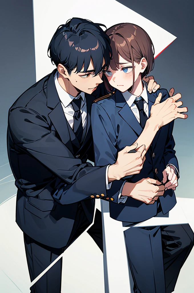 Two men with different heighten and little men、Black-haired man、Man hugging each other、A detailed face、Happy expression on face、Lovers、Boys Love、make love、Two men
,no background