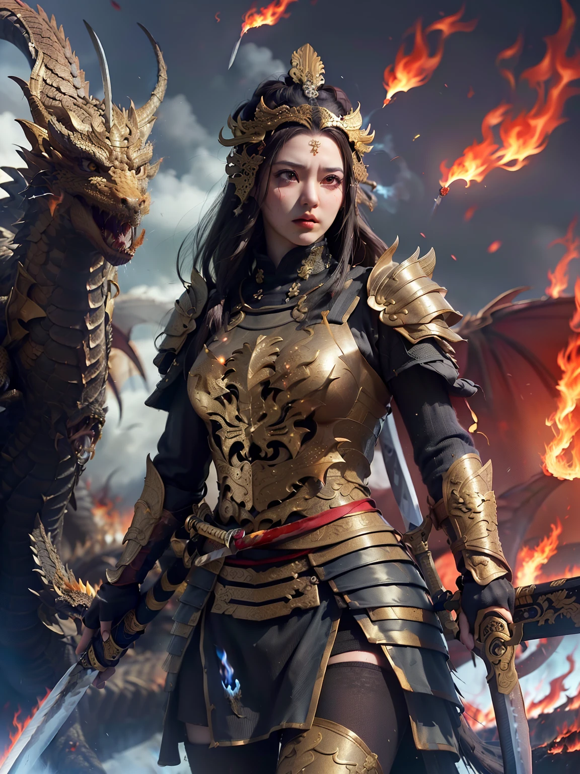 Beautiful detailed face，(((armor hijab)))), long hijab
woman with strong armor. 
((holding a long unsheathed katana: 1.5)). 
(((a large dragon is seen spewing fierce flames: 1.5))). 
(a defeated enemy is seen: 1.5).
(dramatic background, fantasy warfare, dim light, flaming fire effect: 1,5)
break,
