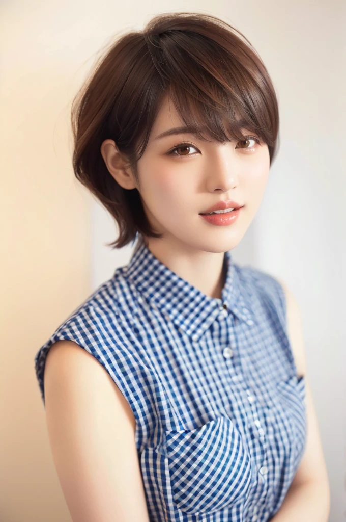 arafed woman Short hair and a blue and white checkered shirt, Short hair, Ayaka, Chie Yoshii's Style, sayori, Chiho, ayami kojima amano, narumi kakinouchi, Artist: Arata Yokoyama, Hole in the Motto, Aoi Ogata, aoshima Chiho, For whom?
