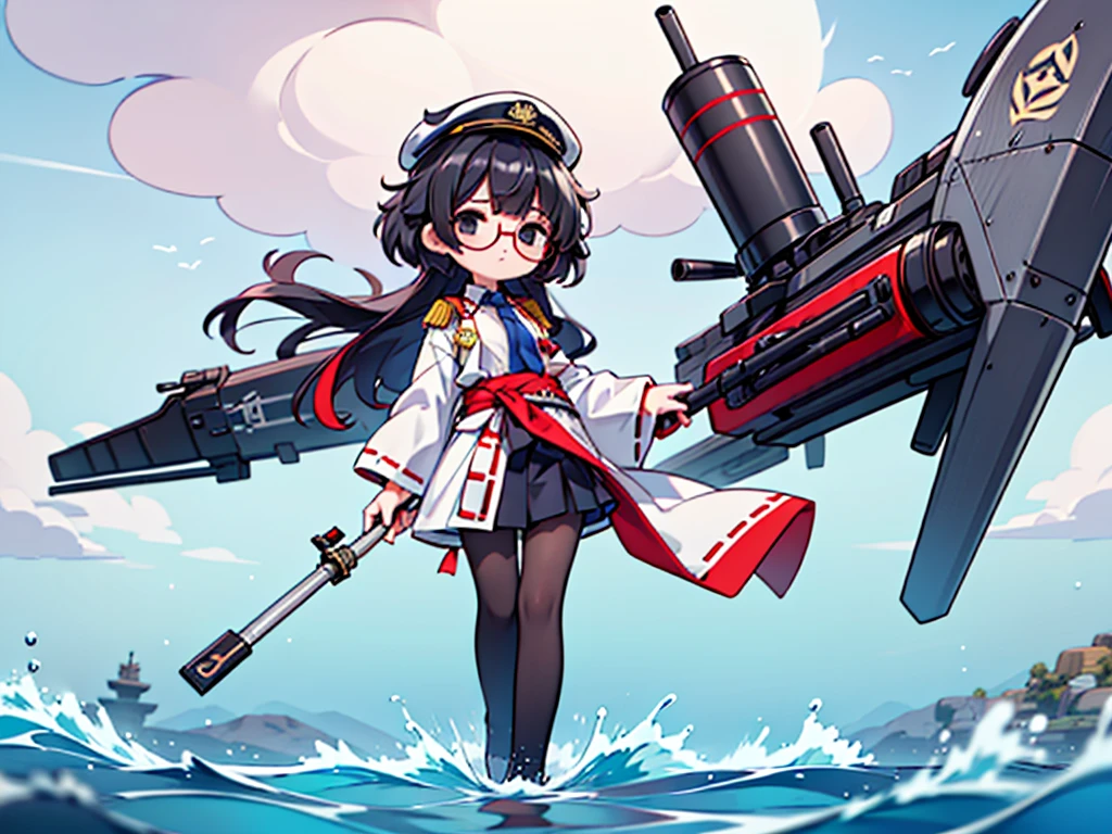 (((masterpiece, Vision))), ((((Full body of a woman with perfect flat chest、1 Female、solo、Short unkempt black hair、Tie your messy hair at the nape of your neck、white military jacket、Miko costume、black tights、Black glasses、White military cap、Cloudy black eyes、Confused eyes、Junyo-inspired emblem)))), (((Shipgirl))), ((Floating on the morning sea with both feet)), (Standing with your legs apart), (Hold the turret grip with your right hand), (A mechanical arm extending from the waist is used to attach a turret), (Equipped with a turret on the back), (His left arm holds the grip of a triple machine gun), Shotgun shell in left arm, Spreading the Machine's Wings, 2. Machine Tail, A mechanical prosthetic arm holds the turret,
