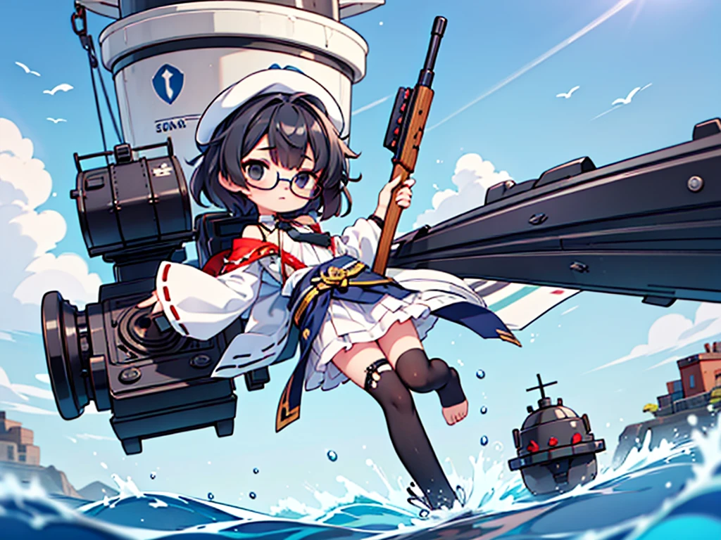 (((masterpiece, Vision))), ((((Full body of a woman with perfect flat chest、1 Female、solo、Short unkempt black hair、Tie your messy hair at the nape of your neck、white military jacket、Miko costume、black tights、Black glasses、White military cap、Cloudy black eyes、Confused eyes、Junyo-inspired emblem)))), (((Shipgirl))), ((Floating on the morning sea with both feet)), (Standing with your legs apart), (Hold the turret grip with your right hand), (A mechanical arm extending from the waist is used to attach a turret), (Equipped with a turret on the back), (His left arm holds the grip of a triple machine gun), Shotgun shell in left arm, Spreading the Machine's Wings, 2. Machine Tail, A mechanical prosthetic arm holds the turret,
