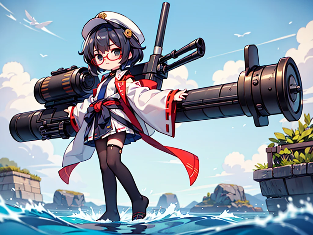 (((masterpiece, Vision))), ((((Full body of a woman with perfect flat chest、1 Female、solo、Short unkempt black hair、Tie your messy hair at the nape of your neck、white military jacket、Miko costume、black tights、Black glasses、White military cap、Cloudy black eyes、Confused eyes、Junyo-inspired emblem)))), (((Shipgirl))), ((Floating on the morning sea with both feet)), (Standing with your legs apart), (Hold the turret grip with your right hand), (A mechanical arm extending from the waist is used to attach a turret), (Equipped with a turret on the back), (His left arm holds the grip of a triple machine gun), Shotgun shell in left arm, Spreading the Machine's Wings, 2. Machine Tail, A mechanical prosthetic arm holds the turret,