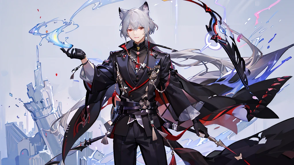 "1 person,1 boy, delicate eyes, boy with gray hair and cat ear, red eye, wearing black shirt, genshin style, guweiz style artwork, smiling,standing , cat with him , ethereal fantasy, victorian era, blue magic elements, splash art, side view, solo (full HD 4K+ image)"