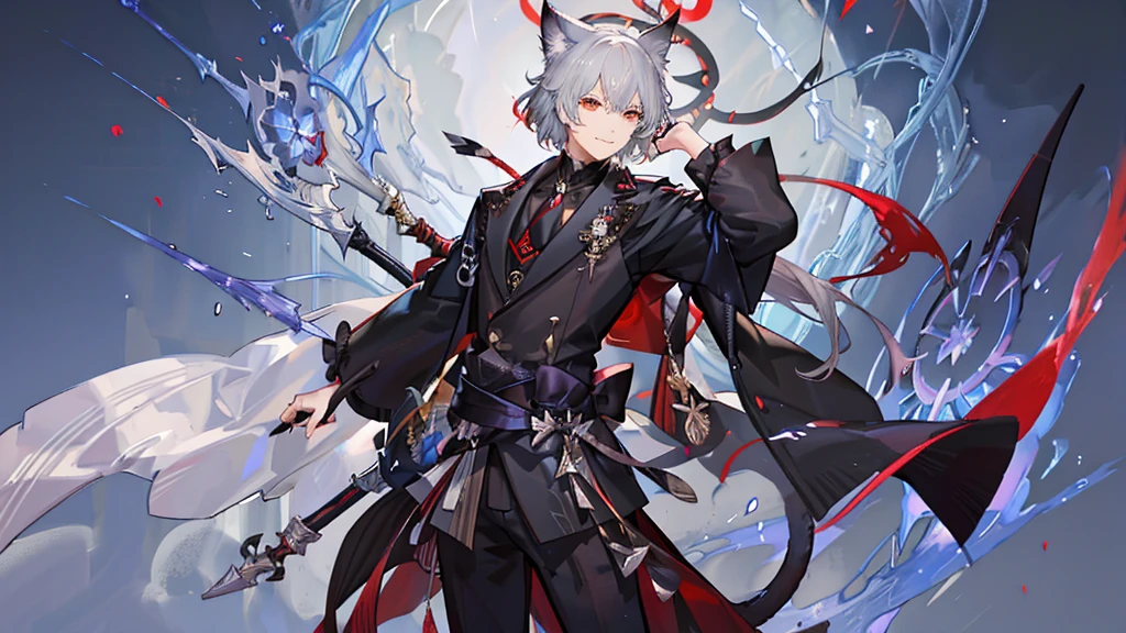 "1 person,1 boy, delicate eyes, boy with gray hair and cat ear, red eye, wearing black shirt, genshin style, guweiz style artwork, smiling,standing , cat with him , ethereal fantasy, victorian era, blue magic elements, splash art, side view, solo (full HD 4K+ image)"