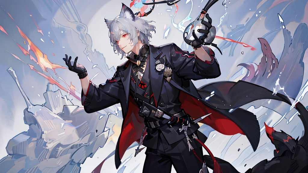 "1 person,1 boy, delicate eyes, boy with gray hair and cat ear, red eye, wearing black shirt, genshin style, guweiz style artwork, smiling,standing , cat with him , ethereal fantasy, victorian era, blue magic elements, splash art, side view, solo (full HD 4K+ image)"