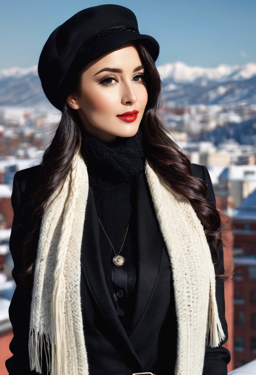 ✅Hair with braid and winter scarf a sophisticated businesswoman, with very long black hair to the waist, Linda, elegant and sophisticated in formal clothes and a black winter blazer and the winter scarf with fur PASHMINA winter elegant chic and fashionable and with a winter cap on her head, the clothes have details in red and black, the black blazer, with black glasses, combat boots or black boots. She is 26 years old. she must have her mouth closed, Linda maquiagem, your hand must be ultra HD realistic human. With well-groomed and realistic hands, nails with black nail polish, and she looking ahead, she poses for a photo shoot and close-up shots. photo 3d 4k