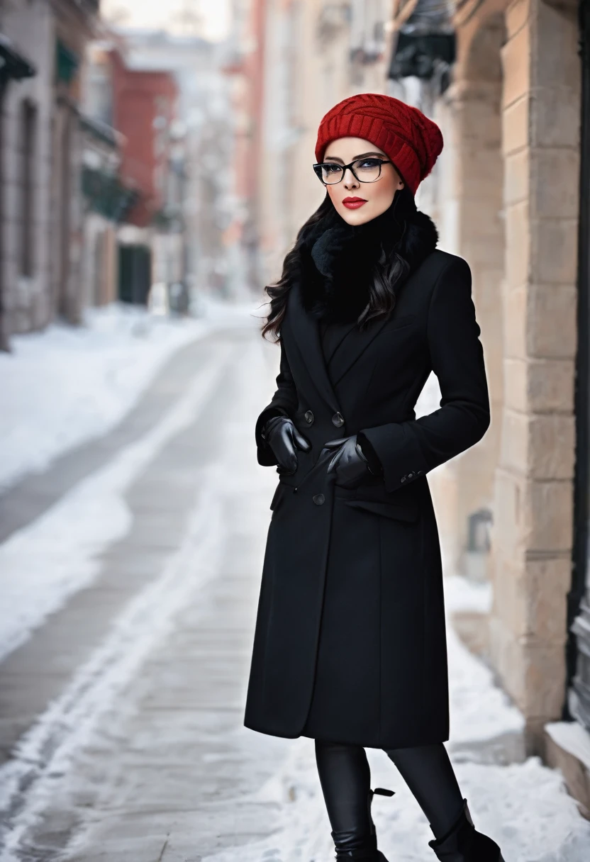 ✅Hair with braid and winter scarf a sophisticated businesswoman, with very long black hair to the waist, Linda, elegant and sophisticated in formal clothes and a black winter blazer and the winter scarf with fur PASHMINA winter elegant chic and fashionable and with a winter cap on her head, the clothes have details in red and black, the black blazer, with black glasses, combat boots or black boots. She is 26 years old. she must have her mouth closed, Linda maquiagem, your hand must be ultra HD realistic human. With well-groomed and realistic hands, nails with black nail polish, and she looking ahead, she poses for a photo shoot and close-up shots. photo 3d 4k