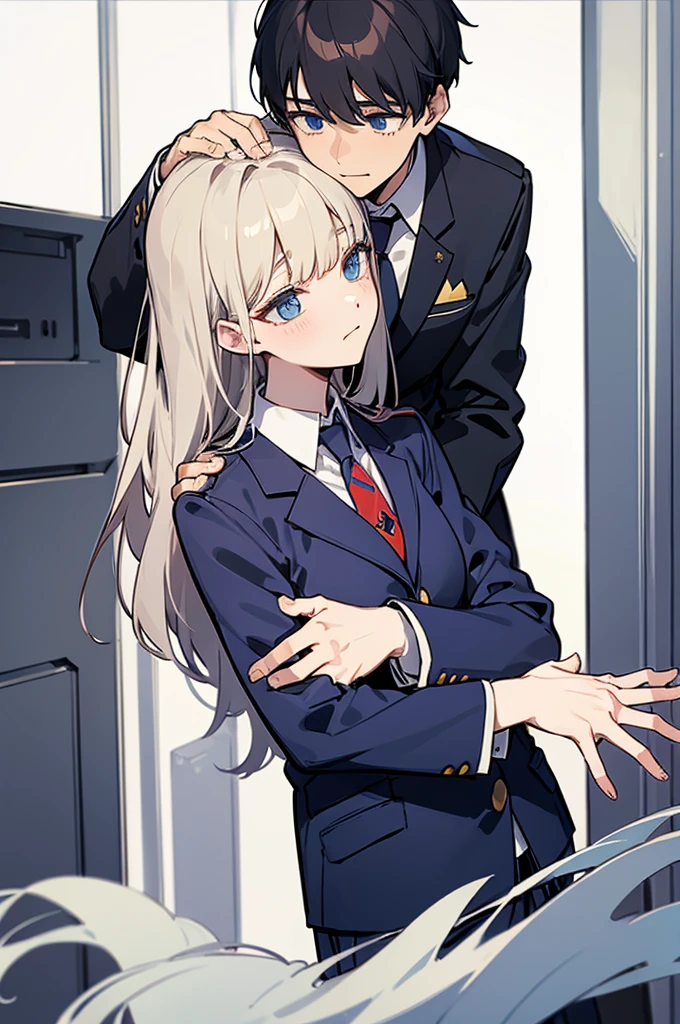((Blazer uniform and tie)), ((Hugging)), (Two boys)