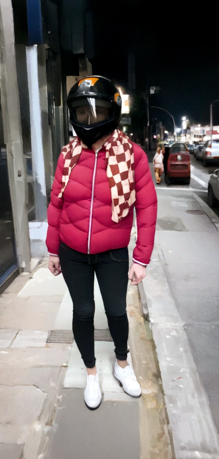 Arafed woman wearing a red jacket and a checkered scarf walking along a sidewalk, without helmet, wearing helmet, without helmet, wearing a helmet redondo, without helmet!!!!, wearing a helmet, Full body photo, helmet instead of a head, profile picture, standing on the road, standing on the street, moto, very very low quality image, with precise face