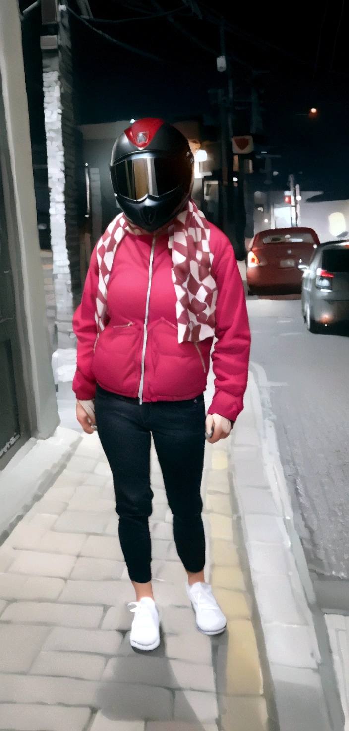 Arafed woman wearing a red jacket and a checkered scarf walking along a sidewalk, without helmet, wearing helmet, without helmet, wearing a helmet redondo, without helmet!!!!, wearing a helmet, Full body photo, helmet instead of a head, profile picture, standing on the road, standing on the street, moto, very very low quality image, with precise face