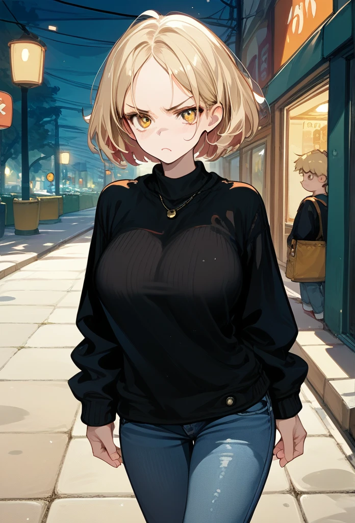 young girl, young face, hot face, golden eyes, short hair, blonde hair, annoyed expression, irritated face, mature body, curvy body, big breasts, black sweater, jeans, sidewalk, (night), forehead exposed