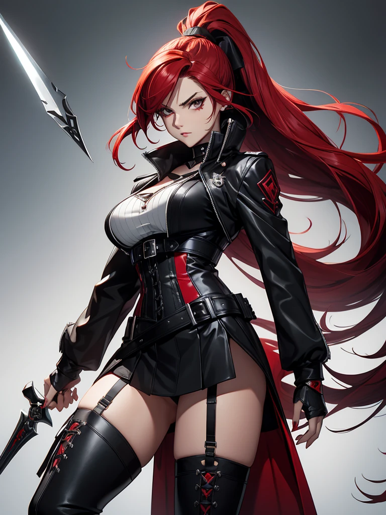 Rogue human woman, with red hair and black streaks, long high ponytail, white corset, black mini skirt, black thigh high boots, black jacket, with a dagger