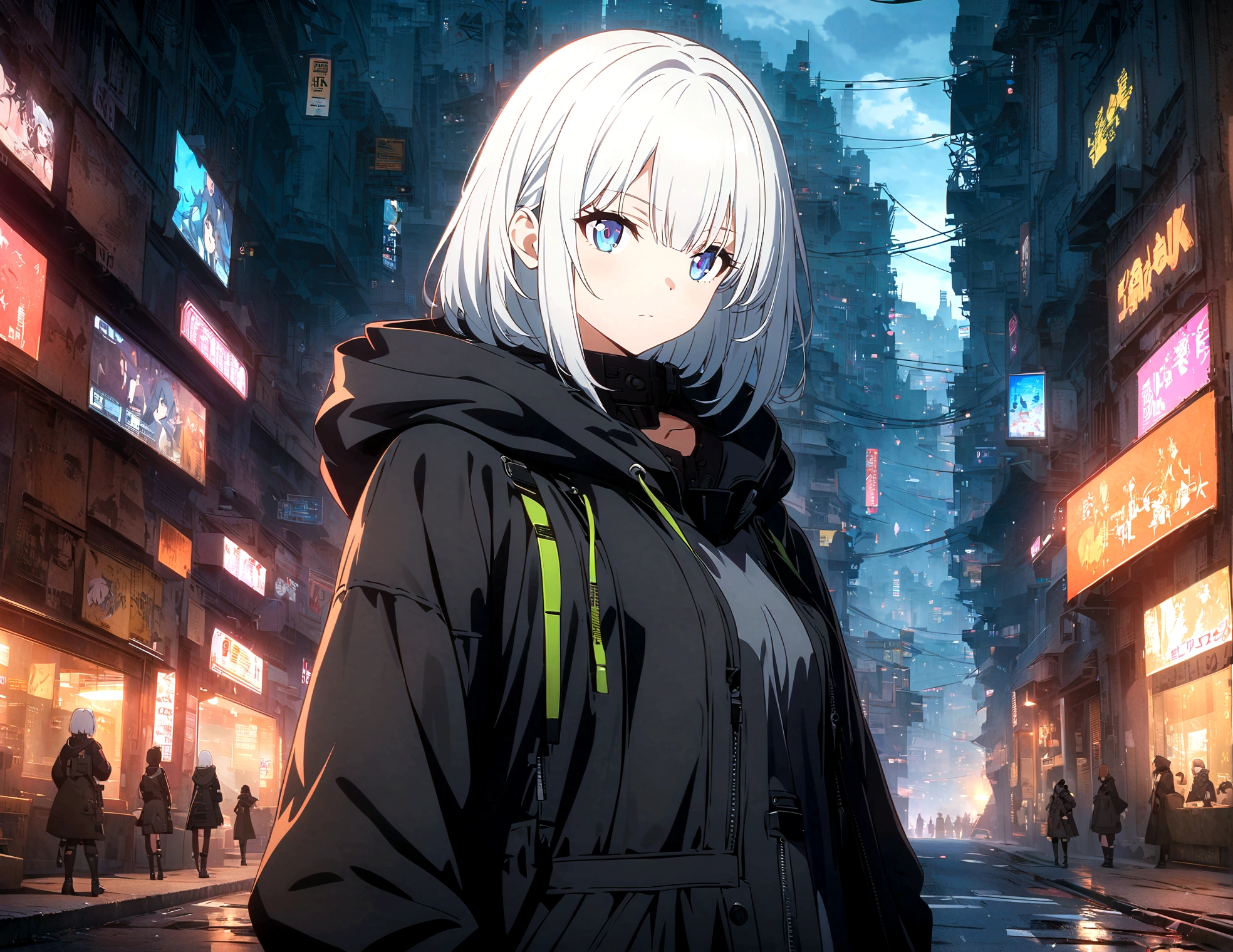 Anime-style image of a woman in a black coat standing on a city street, Best anime 4k konachan wallpaper, Amazing anime 8k, Girls Frontline Style, Anime Style 4k, From Girls Frontline, Cyberpunk anime girl in a hoodie, 4k anime wallpaper, White Hair Girl, Girls Frontline CG, anime wallpaper 4k, anime wallpaper 4k