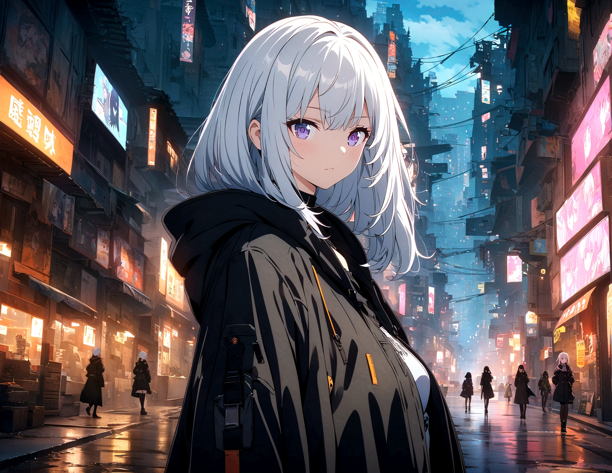 Anime-style image of a woman in a black coat standing on a city street, Best anime 4k konachan wallpaper, Amazing anime 8k, Girls Frontline Style, Anime Style 4k, From Girls Frontline, Cyberpunk anime girl in a hoodie, 4k anime wallpaper, White Hair Girl, Girls Frontline CG, anime wallpaper 4k, anime wallpaper 4k