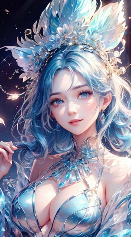 masterpiece，Highest Resolution，((((Bow your head and smile))))，Dynamic avatar of a beautiful aristocratic woman，((Long Hair，Her blue hair is elegantly curled))，（((Wearing a large flower crown、Bucket hat，gem，Diamond Necklace)))，Purple transparent eyes，(((The hair is covered with beautiful and delicate floral crafts, crystal jewelry filigree)))，Ultra-detailed details。Detailed face,Fine grain、Half naked,Vibrant colors,Landscape Background,Forest Elements,waterfall,Ethereal atmosphere,Soft sunlight,Calm expression,Flowing Hair,Fantasy Setting,Magical atmosphere,Glowing Flower,Delicate features,Enchanted Forest,light,pastel colour,Mystical Creatures,Majestic Tree々,Carbonated water,Mottled Shadows,Heavenly Beauty,Ferocious yet elegant,Graceful posture,A strong connection with nature,Mystical Eyes,Wisdom and magic,A harmonious blend of fantasy and reality,Mythical world,Magic in the air,Peace and tranquility,Immersive Experience,Whimsical and seductive,An unforgettable visual journey,masterpiece芸術作品,Glamorous Body、30 years old、Nipple erection、lake、Large areola、Shiny Skin、Shiny Hair、See-through、