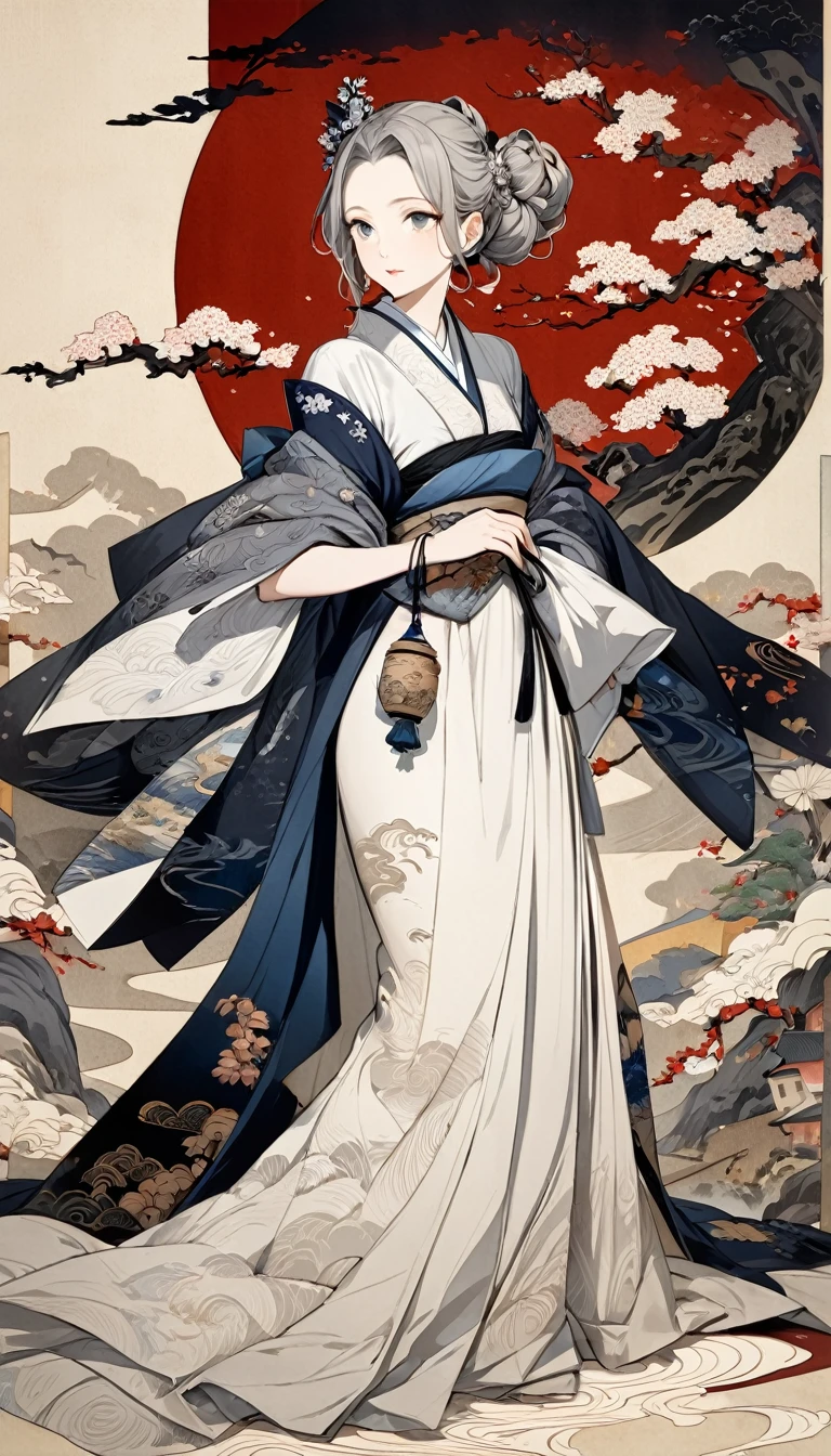 best quality, super fine, 16k, 2.5D, delicate and dynamic depiction, beautiful aristocratic lady, half-up hair, Northern Renaissance, gorgeous long dress and accessories of medieval European aristocrats, beautiful posture, detailed decorated background, elegant effects, fusion of watercolors and oil paintings, fusion of paper cutting and shadow puppetry, mix of monochrome and color, mix of Japanese painting, ukiyo-e and woodblock prints, ink, shading, gradation, Japanese paper quality