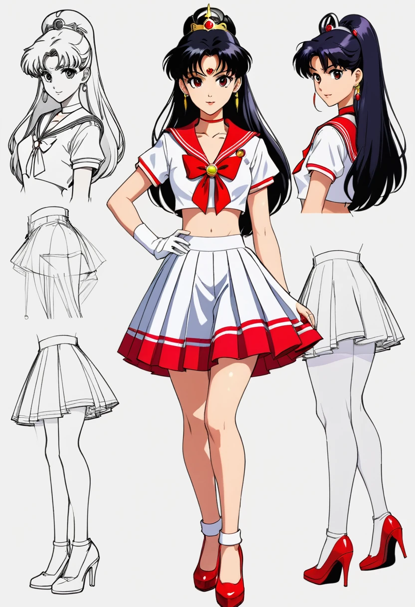 Create a technical sketch of Rei Hino (Sailor Mars) from the Japanese anime series "Sailor Moon". The sketch should be in black and white line art, capturing the intricate details of her design, including her sailor outfit with a red collar and skirt, long black hair, red high heels, and her tiara with a red gem. The main body of Rei Hino should be rendered in a colorful 3D effect to highlight her vibrant and dynamic appearance. Include annotations and measurements for key components such as the height of the character, the length of her hair, the dimensions of her tiara, and the size of her shoes. The sketch should have a clean, white background to emphasize the detailed parts of the character. Annotations should be clear and legible, providing detailed explanations of each part. 