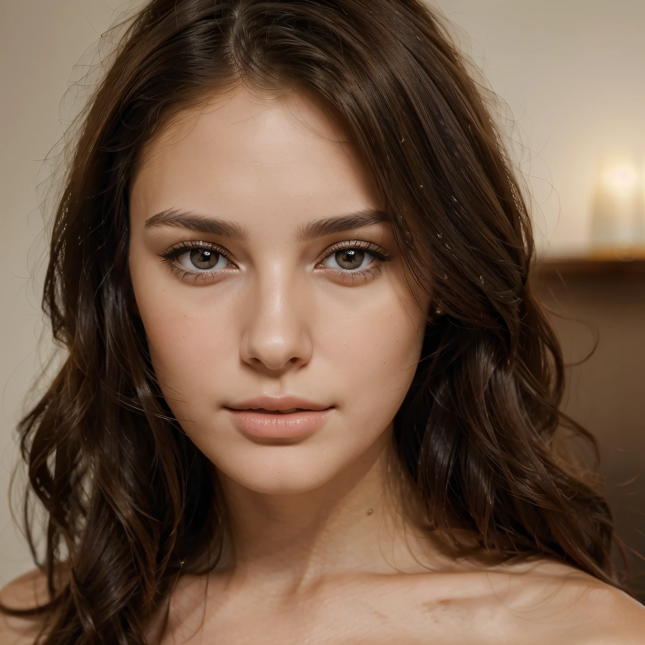 Beautiful brunette girl close-up portrait, Stunning brunette woman face detail, Elegant young woman with dark hair, Natural beauty brunette girl headshot, Captivating brown-haired girl close-up, Glamorous brunette model portrait, Lovely brunette girl with striking eyes, Dark-haired girl with flawless skin, Close-up of a pretty brunette's face, Charming brunette girl with soft features
