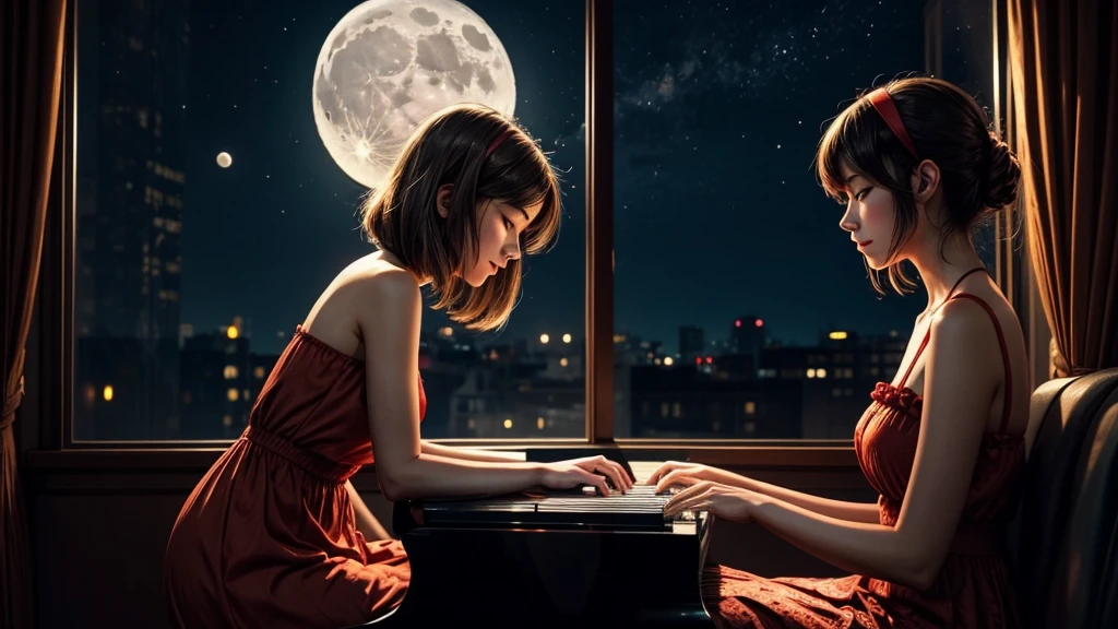 Lofi music beats to feel asleep better and chill hop, a beautiful American lady playing piano, moon sighted at night from window, lady dress red
