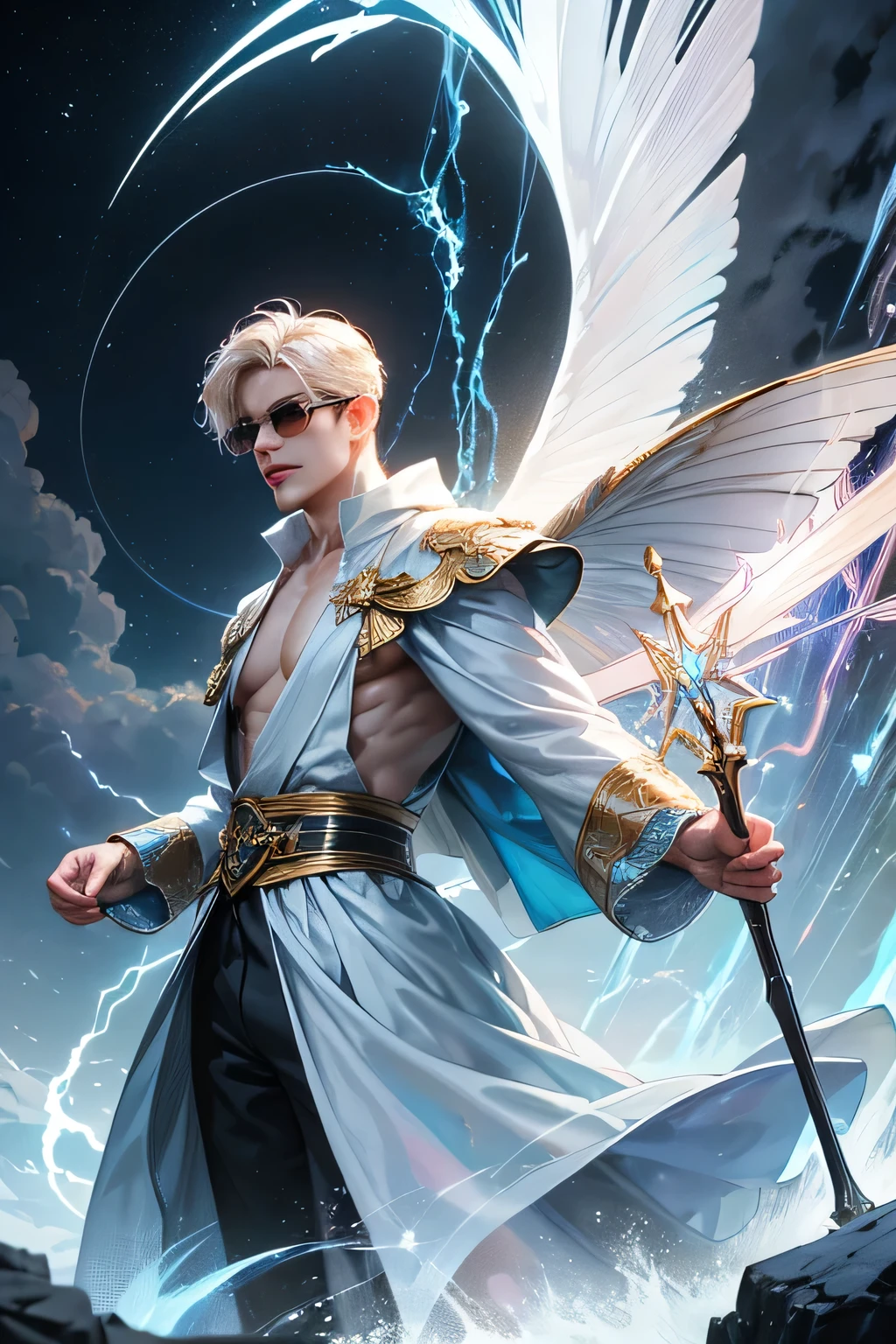 "Create an ultra-realistic image of a strikingly handsome young male fairy with magnificent large wings that evoke the vastness of the sky and the intensity of thunder. He should be holding a magical staff that crackles with the power of the sky and thunder. Dress him in an elegant outfit with shades of yellowish white and light pink, reflecting the colors of dawn and the ethereal sky. Surround him with elements of the sky, such as storm clouds and flashes of lightning, to emphasize his connection to the sky and thunder. Include a distinct sky symbol or design on his body, signifying his role as the keeper of the sky and illustrating the profound sky energy he possesses within him."