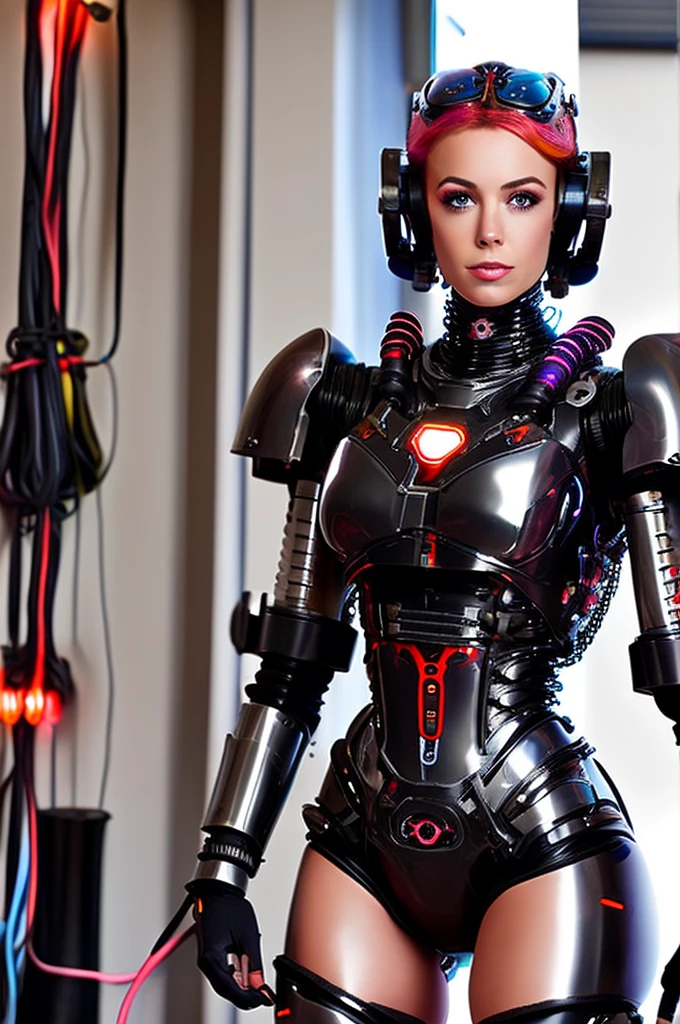 A full-body figure of a cool girl wearing an elaborate mechanical armor suit. Expose wiring, Numerous cords and tubes connect to the system. Browsing Caution,Bondage,throw