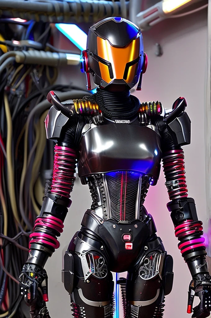 A full-body figure of a cool girl wearing an elaborate mechanical armor suit. Expose wiring, Numerous cords and tubes connect to the system. Browsing Caution,Bondage,throw