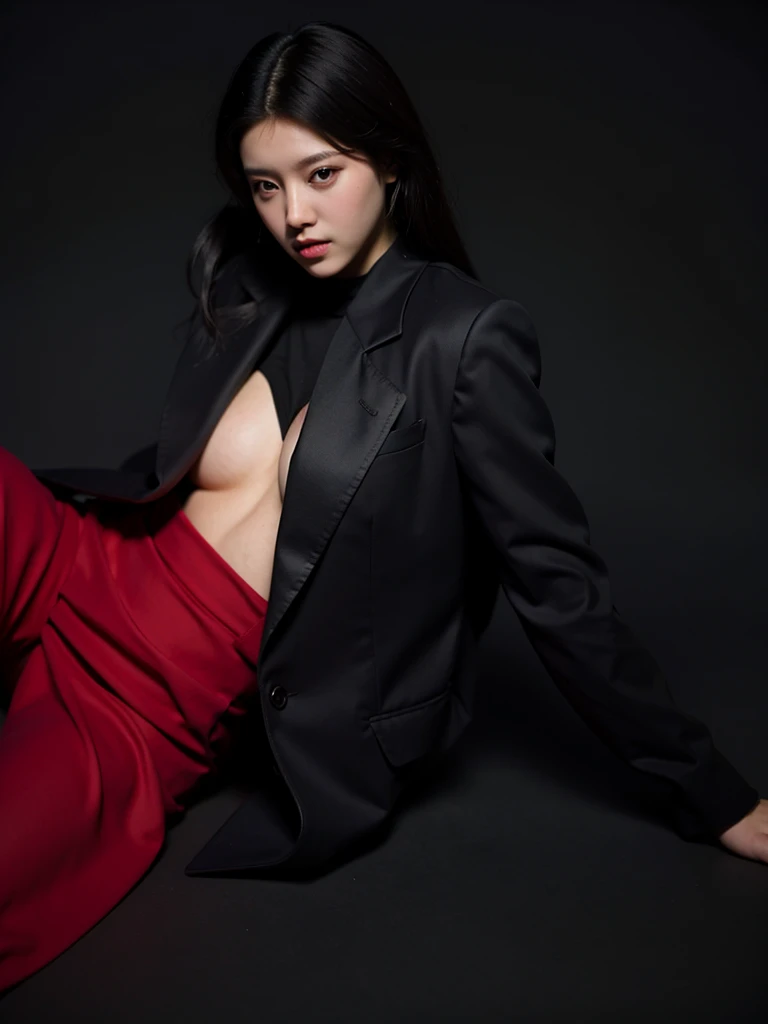 Cool beauty,Looks sweet. Wearing black oversize blazer, deep v, show cleavage, natural big breast, plump body, big thigh. Black pants. Red background.