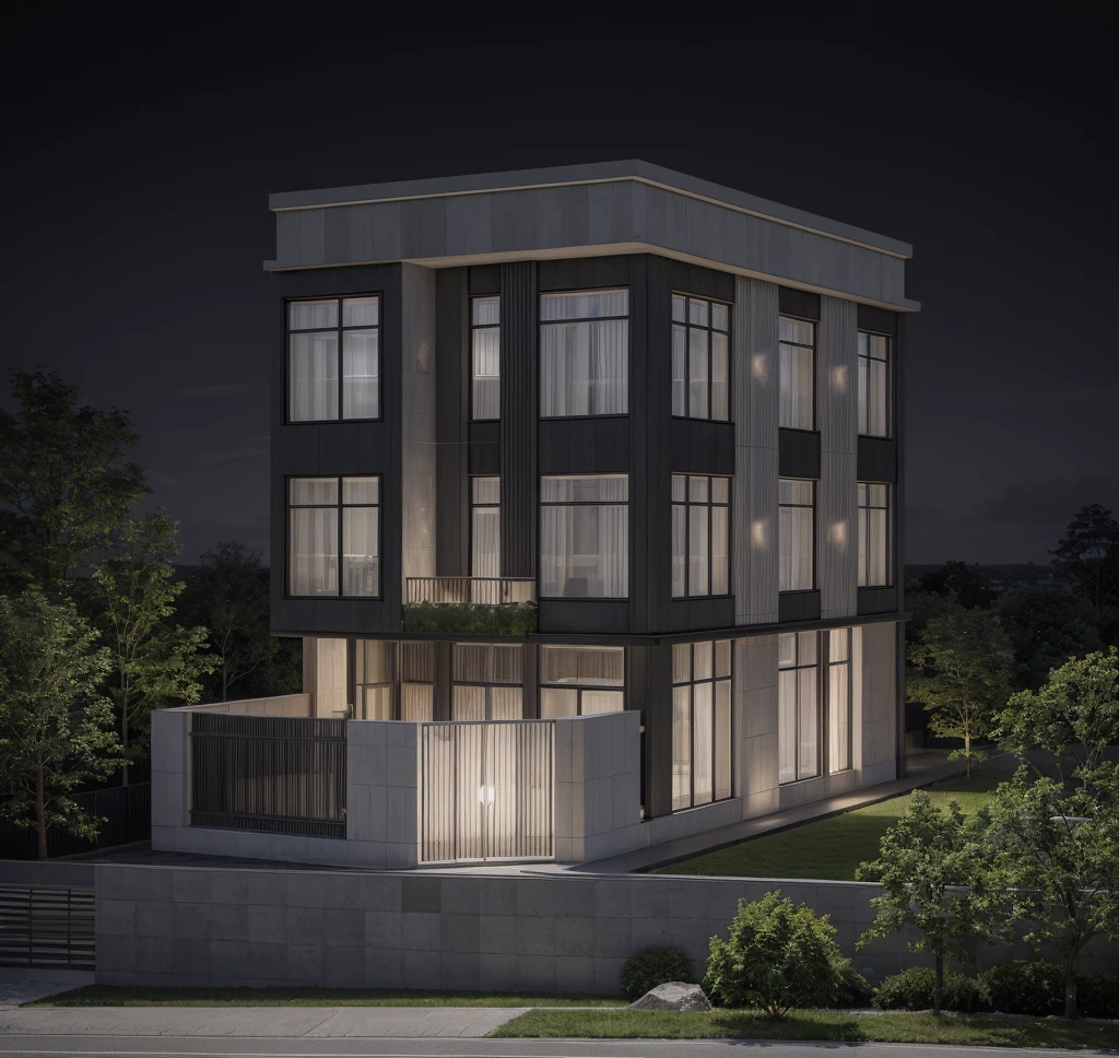 RAW photo, ((Black white wall:1.3)) modern house, (road:1.3), (sidewalk:1.3), (sidewalk trees:1.3), (residences area:1.4), night-time, night-light, tropical trees and plants, (high detailed:1.2), 8k uhd, dslr, soft lighting, high quality, film grain, Fujifilm XT3, (sharpen:1.5)