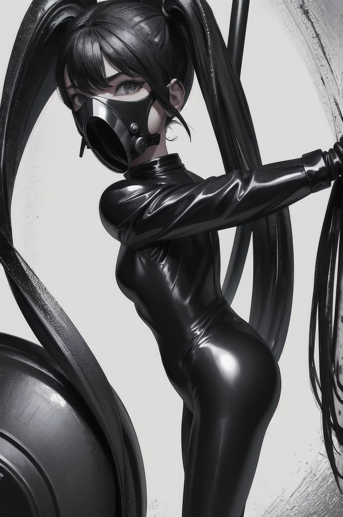 5 8K Ultra HD、emulation，The girl wears a black shiny black all-pack gel suit，Wear a black full-face gas mask，Cover the entire head，standing on your feet、Wear shiny black latex gloves，Hide skin、black latex gloves、up of the upper body，(One man only，There are no additional limbs，Showing the whole body，Physical integrity