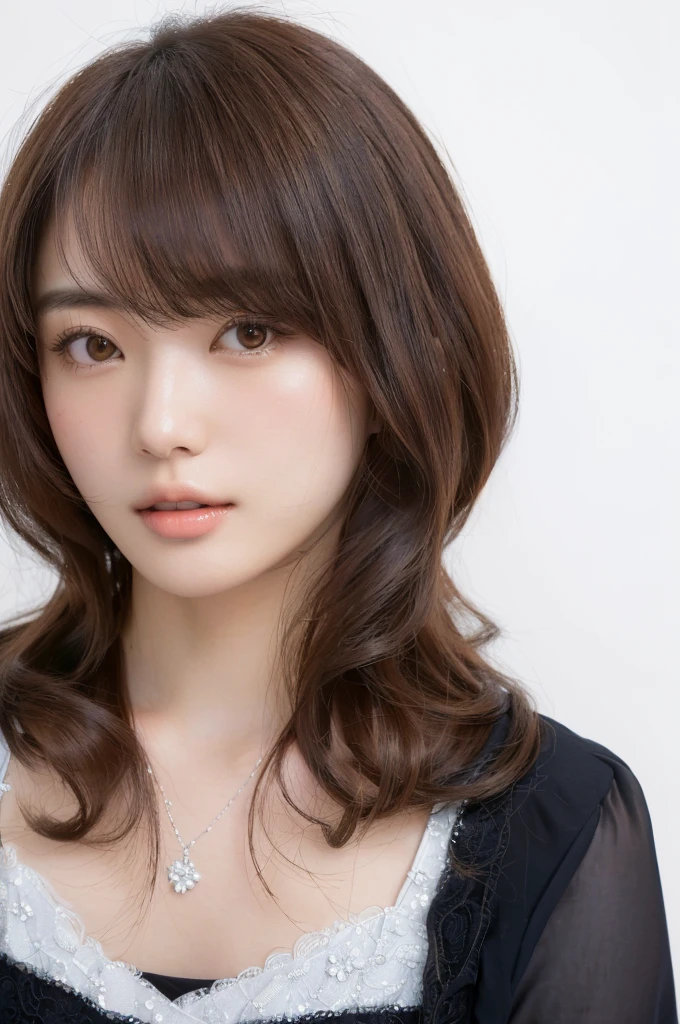 There is a woman there with very long hair and a beautiful dress., Beautiful Japanese girl face, Ayaka, Akemi Takada, kasumi arimura style 3/4, Yoshitomo Nara, For whom?, ayami kojima amano, Another close-up of Iwakura, bangs and wavy hair, Brown hair and bangs