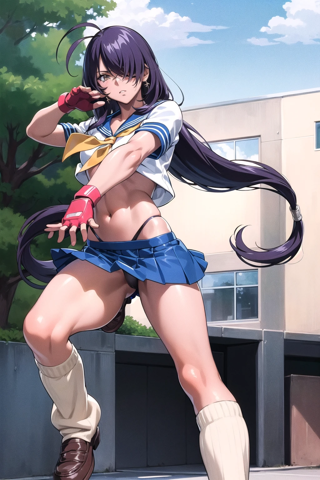 ((masterpiece,best quality, detailed)), 1girl, solo, outdoors, street, fighting pose, serious, 
kanu unchou, fingerless gloves, serafuku, midriff, loose socks, pleated skirt, yellow neckerchief, earrings, low-tied long hair, hair over one eye, loafers