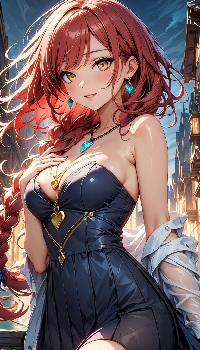 (highest quality:1.4), Very detailed, 8K, Vibrant, Best aesthetics, Accurate, (masterpiece:1.4), BREAK (profile, Cowboy Shot:1.2), 1 beautiful girl, 18yo, small face, beautiful detailed face, narrow waist, The beauty and danger of growing from a girl to an adult, A symbol of miraculous beauty, Graceful posture, sensual, bewitching woman, (cleavage), (coral red hair, shiny hair, A long single braid of hair flowing from the shoulder to the front:1.5), Swept bangs, BREAK (Deep Blue Dress, off shoulder, Strapless dress, Sleeveless, tiny aqua blue teardrop-shaped earrings:1.4), BREAK (A fantasy world cityscape:1.4), sunny afternoon, A city resembling Venice with canals, (Leaning against the railing of a bridge over a large river), Bright lighting, Beautiful world, Blown by the gentle wind, Soft sunlight that induces afternoon drowsiness, looking side glance, (left hand on own chest, five fingers:1.2), (vivid yellow eyes:1.4), Slit Pupils, beautiful detailed eyes, long delicate eyelashes, Meticulous Eyelash Details, (A golden heart-shaped pendant:1.5), BREAK (hot gaze, heart-shaped lips, beautiful detailed lips, Glossy, Open Mouth, Leaking sigh), seductive smile,
