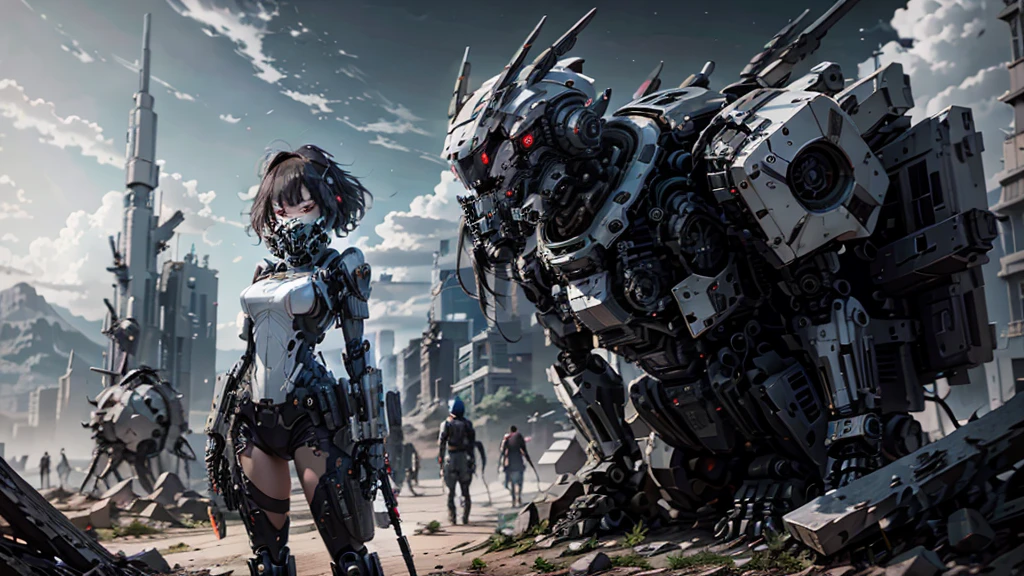 This is a CG Unity 8k wallpaper with ultra-detailed, high-resolution and top quality in cyberpunk style, dominated by black and red. In the picture, a beautiful girl with white messy short hair, a delicate face, wearing a steam mecha mask, standing on the ruins, behind her is a huge robot, and the action of a woman holding a heavy sniper rifle in her hand,